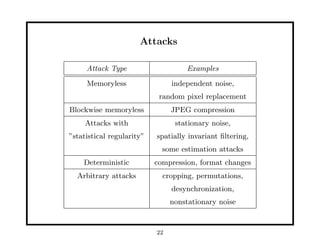 Attacks
Attack Type Examples
Memoryless independent noise,
random pixel replacement
Blockwise memoryless JPEG compression
Attacks with stationary noise,
”statistical regularity” spatially invariant ﬁltering,
some estimation attacks
Deterministic compression, format changes
Arbitrary attacks cropping, permutations,
desynchronization,
nonstationary noise
22
 