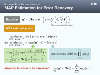 MAP Estimation for Error Recovery
MAP estimation of
Proposed Error Recovery Method
Equation
Gaussian distribution
objective function to be minimized:
approximate as
8/15
 