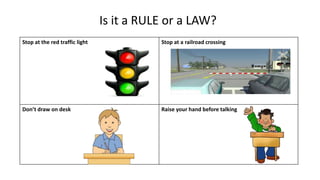 Stop at the red traffic light Stop at a railroad crossing
Don’t draw on desk Raise your hand before talking
Is it a RULE or a LAW?
 
