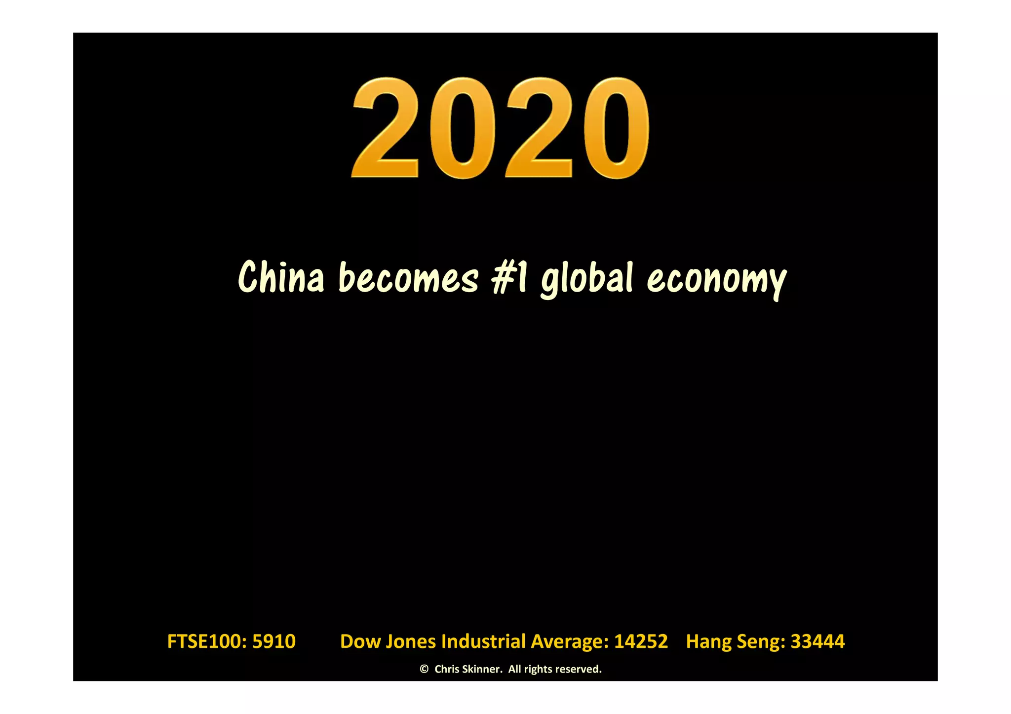 China becomes #1 global economy




FTSE100: 5910   Dow Jones Industrial Average: 14252 Hang Seng: 33444
                        © Chris Skinner. All rights reserved.
 