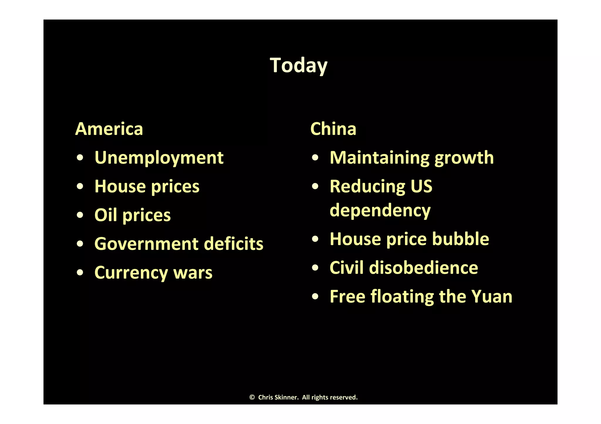Today

America                                China
• Unemployment                         • Maintaining growth
• House prices                         • Reducing US
• Oil prices                             dependency
• Government deficits                  • House price bubble
• Currency wars                        • Civil disobedience
                                       • Free floating the Yuan



                   © Chris Skinner. All rights reserved.
 