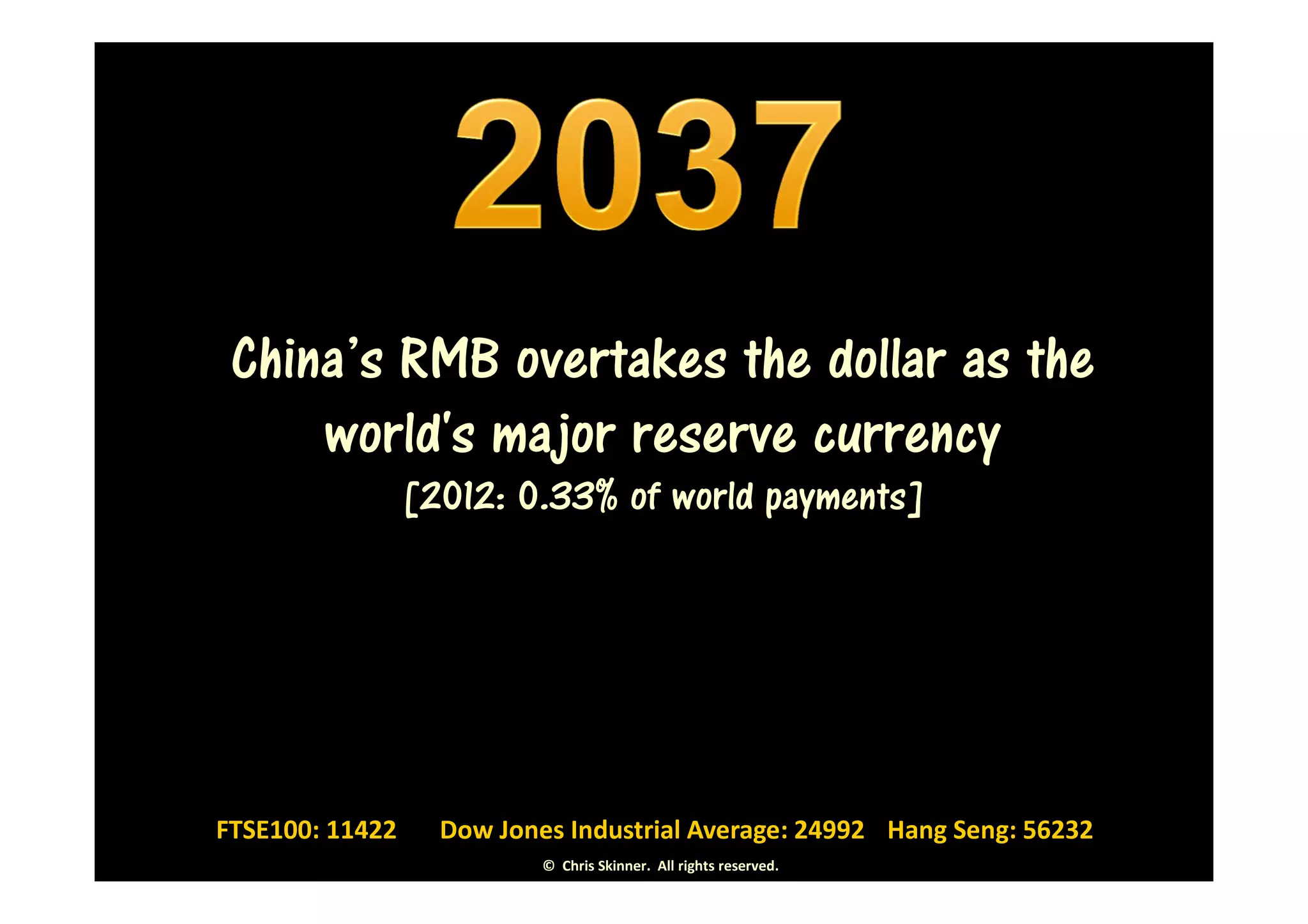 China’s RMB overtakes the dollar as the
     world's major reserve currency
                 [2012: 0.33% of world payments]




FTSE100: 11422     Dow Jones Industrial Average: 24992 Hang Seng: 56232
                           © Chris Skinner. All rights reserved.
 