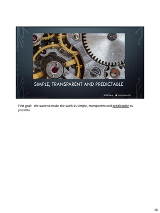 micheleplayfair#DDDPerth
SIMPLE, TRANSPARENT AND PREDICTABLE
First goal: We want to make the work as simple, transparent and predictable as
possible
16
 