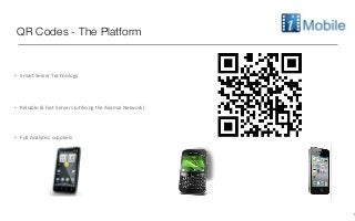 QR Codes - The Platform


•	
  	
  	
  Smart	
  Server	
  Technology	
  	
  




•	
  	
  	
  Reliable	
  &	
  Fast	
  Servers	
  (u9lising	
  the	
  Akamai	
  Network)




•	
  	
  	
  Full	
  Analy9cs	
  supplied.




                                                                                          1
 
