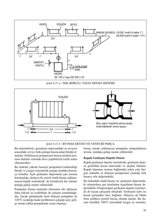 97
Bu radyatörlerle, geniﬂleme deposundaki su seviyesi
aras›ndaki seviye fark› pompa bas›nc›ndan büyük ol-
mal›d›r. Sirkülasyon pompas›n›n basma taraf›na kon-
mas› halinde sistemde hava yapabilecek kritik nokta
olmayacakt›r.
Bu nedenle yüksek bas›nçl› pompalar›n kullan›ld›¤›
büyük ve yayg›n sistemlerde pompa mutlaka basma-
ya konulur. Aç›k genleﬂme deposunun çat› aras›na
konamad›¤›, dolay›s› ile yeterli statik bas›nç sa¤lana-
mayan küçük sistemlerde de (özetlersek her zaman)
pompa gidiﬂe monte edilmelidir.
Pompan›n basma taraf›nda olmas›n›n tek sak›ncas›
daha yüksek su s›cakl›klar› ile çal›ﬂma zorunlulu¤u-
dur. Ancak günümüzde basit dolaﬂ›m pompalar› da
120°C s›cakl›¤a kadar problemsiz çal›ﬂt›¤› için; gidi-
ﬂe monte edilen pompalarda sorun oluﬂmaz.
Sonuç olarak sirkülasyon pompalar› al›ﬂkanl›klar›n
tersine, mutlaka gidiﬂe monte edilmelidir.
Kapal› Genleﬂme Depolu Sistem
Kapal› genleﬂme depolu sistemlerde, genleﬂme depo-
su genellikle kazan dairesinde ve alçakta bulunur.
Kapal› deponun sisteme ba¤land›¤› nokta yine dur-
gun noktad›r ve dolaﬂ›m pompas›n›n yaratt›¤› fark
bas›nc› s›f›r de¤erindedir.
Bu noktadaki statik bas›nç ise, genleﬂme deposunda-
ki s›k›ﬂt›r›lm›ﬂ gaz taraf›ndan uygulanan bas›nç de-
¤erindedir. Pompa kapal› genleﬂme depolu sistemler-
de de kazan ç›k›ﬂ›nda olmal›d›r. Genleﬂme kab› ise
kazan giriﬂinden önce ba¤lan›r. Dolay›s› ile bütün
boru ﬂebekesi pozitif bas›nç alt›nda tutulur. Bu du-
rum özellikle 100°C üzerindeki k›zg›n su sistemle-
ﬁekil 4.11 a / TEK BORULU YATAY ISITMA S‹STEM‹
VENT‹L
GENLEﬁME
KABI
EMN‹YET
VENT‹L‹
KAZAN
GE 105 U veya GE 205 U 43
3/4˝
3/4˝3/4˝
1˝
1˝
1˝1˝
PÜRJÖR ISITICI
R‹NG‹N DEVRES‹ (18.000. kcal/h’a kadar 1˝)
(35.000 kcal/h’a kadar 11/4˝)
ﬁekil 4.11 b / BY-PASS DETAYI VE VENTUR‹ PARÇA
Boru çap›n› küçültme yerine ç›k›ﬂta
kullan›labilecek venturi parça
3/4˝
1˝
1˝
11
/4˝
1˝
11
/4˝
PÜRJÖR
 