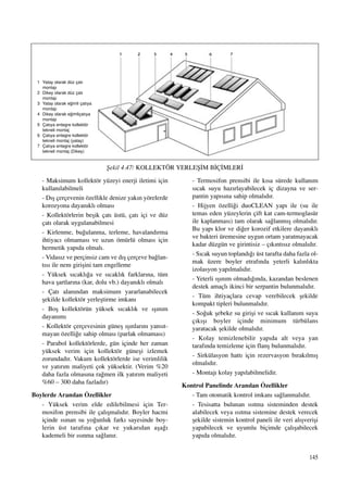 145
- Maksimum kollektör yüzeyi enerji iletimi için
kullan›labilmeli
- D›ﬂ çerçevenin özellikle denize yak›n yörelerde
korozyona dayan›kl› olmas›
- Kollektörlerin beﬂik çat› üstü, çat› içi ve düz
çat› olarak uygulanabilmesi
- Kirlenme, bu¤ulanma, terleme, havaland›rma
ihtiyac› olmamas› ve uzun ömürlü olmas› için
hermetik yap›da olmal›.
- Vidas›z ve perçinsiz cam ve d›ﬂ çerçeve ba¤lan-
t›s› ile nem giriﬂini tam engelleme
- Yüksek s›cakl›¤a ve s›cakl›k farklar›na, tüm
hava ﬂartlar›na (kar, dolu vb.) dayan›kl› olmal›
- Çat› alan›ndan maksimum yararlanabilecek
ﬂekilde kollektör yerleﬂtirme imkan›
- Boﬂ kollektörün yüksek s›cakl›k ve ›ﬂ›n›m
dayan›m›
- Kollektör çerçevesinin güneﬂ ›ﬂ›nlar›n› yans›t-
mayan özelli¤e sahip olmas› (parlak olmamas›)
- Parabol kollektörlerde, gün içinde her zaman
yüksek verim için kollektör güneﬂi izlemek
zorundad›r. Vakum kollektörlerde ise verimlilik
ve yat›r›m maliyeti çok yüksektir. (Verim %20
daha fazla olmas›na ra¤men ilk yat›r›m maliyeti
%60 – 300 daha fazlad›r)
Boylerde Aran›lan Özellikler
- Yüksek verim elde edilebilmesi için Ter-
mosifon prensibi ile çal›ﬂmal›d›r. Boyler hacmi
içinde ›s›nan su yo¤unluk fark› sayesinde boy-
lerin üst taraf›na ç›kar ve yukar›dan aﬂa¤›
kademeli bir ›s›nma sa¤lan›r.
- Termosifon prensibi ile k›sa sürede kullan›m
s›cak suyu haz›rlayabilecek iç dizayna ve ser-
pantin yap›s›na sahip olmal›d›r.
- Hijyen özelli¤i duoCLEAN yap› ile (su ile
temas eden yüzeylerin çift kat cam-termoglasür
ile kaplanmas›) tam olarak sa¤lanm›ﬂ olmal›d›r.
Bu yap› klor ve di¤er korozif etkilere dayan›kl›
ve bakteri üremesine uygun ortam yaratmayacak
kadar düzgün ve girintisiz – ç›k›nt›s›z olmal›d›r.
- S›cak suyun topland›¤› üst tarafta daha fazla ol-
mak üzere boyler etraf›nda yeterli kal›nl›kta
izolasyon yap›lmal›d›r.
- Yeterli ›ﬂ›n›m olmad›¤›nda, kazandan beslenen
destek amaçl› ikinci bir serpantin bulunmal›d›r.
- Tüm ihtiyaçlara cevap verebilecek ﬂekilde
kompakt tipleri bulunmal›d›r.
- So¤uk ﬂebeke su giriﬂi ve s›cak kullan›m suyu
ç›k›ﬂ› boyler içinde minimum türbülans
yaratacak ﬂekilde olmal›d›r.
- Kolay temizlenebilir yap›da alt veya yan
taraf›nda temizleme için flanﬂ bulunmal›d›r.
- Sirkülasyon hatt› için rezervasyon b›rak›lm›ﬂ
olmal›d›r.
- Montaj› kolay yap›labilmelidir.
Kontrol Panelinde Aran›lan Özellikler
- Tam otomatik kontrol imkan› sa¤lanmal›d›r.
- Tesisatta bulunan ›s›tma sisteminden destek
alabilecek veya ›s›tma sistemine destek verecek
ﬂekilde sistemin kontrol paneli ile veri al›ﬂveriﬂi
yapabilecek ve uyumlu biçimde çal›ﬂabilecek
yap›da olmal›d›r.
ﬁekil 4.47/ KOLLEKTÖR YERLEﬁ‹M B‹Ç‹MLER‹
1 Yatay olarak düz çat›
montaj›
2 Dikey olarak düz çat›
montaj›
3 Yatay olarak e¤imli çat›ya
montaj›
4 Dikey olarak e¤imliçat›ya
montaj›
5 Çat›ya entegre kollektör
tekneli montaj
6 Çat›ya entegre kollektör
tekneli montaj (yatay)
7 Çat›ya entegre kollektör
tekneli montaj (Dikey)
 