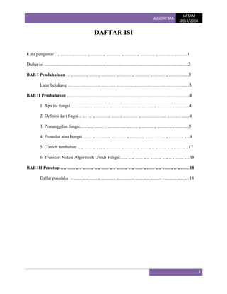 ALGORITMA

BATAM
2013/2014

DAFTAR ISI
Kata pengantar ………………………………………………………………………..…….1
Daftar isi …………………………………………………………………………….………2
BAB I Pendahuluan ……………………………………………………………………......3
Latar belakang ………………………………………..…………………………...…3
BAB II Pembahasan ………………………………………………………………………..4
1. Apa itu fungsi…………… …………………………..…………………………....4
2. Definisi dari fingsi…… ……………………………………….………………......4
3. Pemanggilan fungsi……………. ………………………………………………....5
4. Prosedur atau Fungsi……………………………………………….. ……………..8
5. Contoh tambahan…………… ……………………………………………………17
6. Translari Notasi Algoritmik Untuk Fungsi…………………………….…………..18
BAB III Penutup ……………………………………………………………………………18
Daftar pusataka ………………………………………………………………………18

3

 
