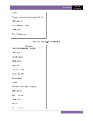 ALGORITMA

BATAM
2013/2014

Syntax:
Proceure nama_prosedur(parameter : type)
DEKLARASI
Berisi deklarasi variabel
DESKRIPSI
Berisi blok prosedur

Prosedur memanggil prosedur lain
Algoritma
Procedure pangkat(x,n : integer)
DEKLARASI
Hasil I : integer
DESKRIPSI
Hasil := 1
For I:= 1 to n do
Hasil := hasil * x
Returun hasil
Endfor
Procedure faktorial ( n : integer )
DEKLARASI
Kali, I : integer
DESKRIPSI
Kali := 1
For I := 1 to n do
6

 