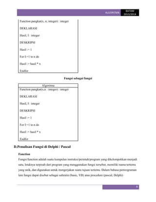 ALGORITMA

BATAM
2013/2014

Function pangkat(x, n; integer) : integer
DEKLARASI
Hasil, I : integer
DESKRIPSI
Hasil := 1
For I:=1 to n do
Hasil := hasil * x
Endfor
Fungsi sebagai fungsi
Algoritma
Function pangkat(x,n : integer) : integer
DEKLARASI
Hasil, I : integer
DESKRIPSI
Hasil := 1
For I:=1 to n do
Hasil := hasil * x
Endfor

D.Penulisan Fungsi di Delphi / Pascal
Function
Fungsi/function adalah suatu kumpulan instruksi/perintah/program yang dikelompokkan menjadi
satu, letaknya terpisah dari program yang menggunakan fungsi tersebut, memiliki nama tertentu
yang unik, dan digunakan untuk mengerjakan suatu tujuan tertentu. Dalam bahasa pemrograman
lain fungsi dapat disebut sebagai subrutin (basic, VB) atau procedure (pascal, Delphi)

8

 