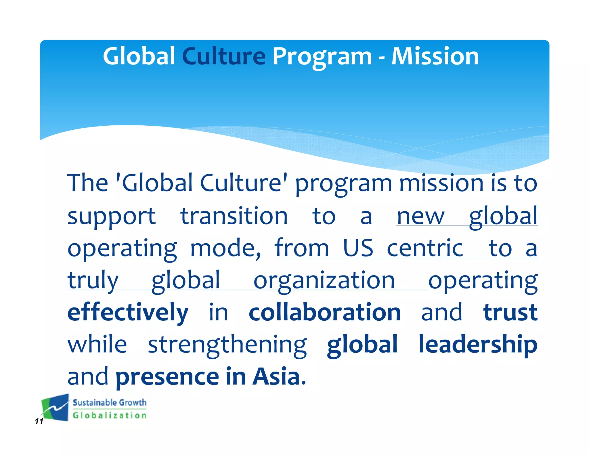 Global Culture Program - Mission



     The 'Global Culture' program mission is to
     support transition to a new global
     operating mode, from US centric to a
     truly global organization operating
     effectively in collaboration and trust
     while strengthening global leadership
     and presence in Asia.
11
 