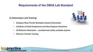 Laboratory Safety and Compliance with the OSHA Lab Standard Regulations 30
Requirements of the OSHA Lab Standard
(f) Information and Training
• Employer Must Provide Workplace Hazard Information
• Condition of Initial Employment and New Exposure Situations
• All Relevant Information – provided and readily available anytime
• Relevant, Periodic Training
 