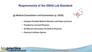 Laboratory Safety and Compliance with the OSHA Lab Standard Regulations 34
(g) Medical Consultation and Examination (p. 3330)
• Employer Provided Medical Attention and Follow-up Exams
• Provided by Licensed Physician
• All Relevant Information Provided to Physician
• Physician’s Written Opinion
Requirements of the OSHA Lab Standard
 