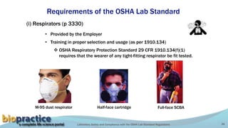 Laboratory Safety and Compliance with the OSHA Lab Standard Regulations 36
Requirements of the OSHA Lab Standard
(i) Respirators (p 3330)
• Provided by the Employer
• Training in proper selection and usage (as per 1910.134)
 OSHA Respiratory Protection Standard 29 CFR 1910.134(f)(1)
requires that the wearer of any tight-fitting respirator be fit tested.
M-95 dust respirator Half-face cartridge Full-face SCBA
 