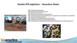 Laboratory Safety and Compliance with the OSHA Lab Standard Regulations 53
Notable EPA legislation – Hazardous Waste
1965: Solid Waste Disposal Act
1969: National Environmental Policy Act
1970: Resource Recovery Act
1976: Resource Conservation and Recovery Act
1980: Comprehensive Environmental Response, Compensation and Liability Act ("Superfund")
1982: Nuclear Waste Repository Act
1984: Hazardous and Solid Wastes Amendments Act
1986: Superfund Amendments and Reauthorization Act
2002: Small Business Liability Relief and Brownfields Revitalization Act ("Brownfields Law")
 