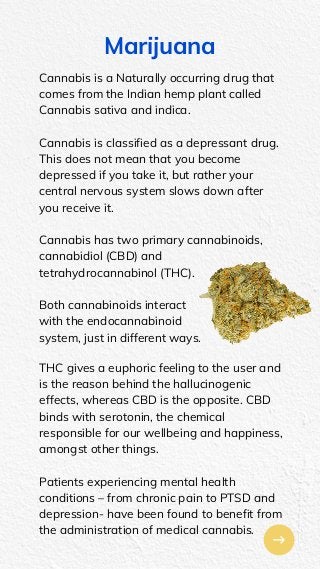 Cannabis is a Naturally occurring drug that
comes from the Indian hemp plant called
Cannabis sativa and indica.
Cannabis is classified as a depressant drug.
This does not mean that you become
depressed if you take it, but rather your
central nervous system slows down after
you receive it.
Cannabis has two primary cannabinoids,
cannabidiol (CBD) and
tetrahydrocannabinol (THC).
Marijuana
Both cannabinoids interact
with the endocannabinoid
system, just in different ways.
THC gives a euphoric feeling to the user and
is the reason behind the hallucinogenic
effects, whereas CBD is the opposite. CBD
binds with serotonin, the chemical
responsible for our wellbeing and happiness,
amongst other things.
Patients experiencing mental health
conditions – from chronic pain to PTSD and
depression- have been found to benefit from
the administration of medical cannabis.
 