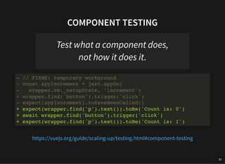 COMPONENT TESTING
Test what a component does,
not how it does it.
- // FIXME: temporary workaround
- const spyIncrement = ...