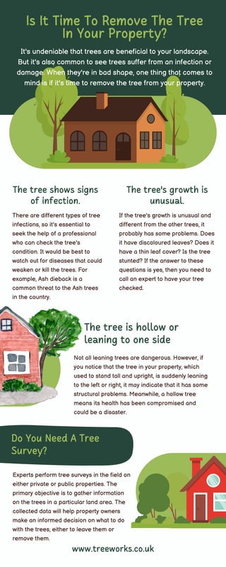 There are different types of tree
infections, so it's essential to
seek the help of a professional
who can check the tree's
condition. It would be best to
watch out for diseases that could
weaken or kill the trees. For
example, Ash dieback is a
common threat to the Ash trees
in the country.
The tree is hollow or
leaning to one side
If the tree's growth is unusual and
different from the other trees, it
probably has some problems. Does
it have discoloured leaves? Does it
have a thin leaf cover? Is the tree
stunted? If the answer to these
questions is yes, then you need to
call an expert to have your tree
checked.
The tree shows signs
of infection.
Not all leaning trees are dangerous. However, if
you notice that the tree in your property, which
used to stand tall and upright, is suddenly leaning
to the left or right, it may indicate that it has some
structural problems. Meanwhile, a hollow tree
means its health has been compromised and
could be a disaster.
Do You Need A Tree
Survey?
It's undeniable that trees are beneficial to your landscape.
But it's also common to see trees suffer from an infection or
damage. When they're in bad shape, one thing that comes to
mind is if it's time to remove the tree from your property.
Experts perform tree surveys in the field on
either private or public properties. The
primary objective is to gather information
on the trees in a particular land area. The
collected data will help property owners
make an informed decision on what to do
with the trees, either to leave them or
remove them.
Is It Time To Remove The Tree
In Your Property?
www.treeworks.co.uk
The tree's growth is
unusual.
 