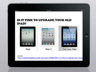 IS IT TIME TO UPGRADE YOUR OLD
IPAD?




Source:
http://cashforipadsblog.tumblr.com/post/27508673597/is-it-time-to-upgrade-your-old-ipad
 