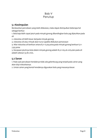 Bab V 
Penutup 
5.1 Kesimpulan 
Berdasarkan percobaan yang telah dilakukan, maka dapat disimpulkan beberapa hal 
sebagai berikut 
1. Bola baja lebih cepat jatuh pada minyak goreng dibandingkan bola yag dijatuhkan pada 
oli 
2. viskositas oli lebih besar daripada minyak goreng 
3. viskositas oli atau minyak akan turun apabila dilakukan pemanasan 
4. Nilai viskositas oli berkisar antara 8,11-12,09 poise,pada minyak goreng berkisar 6,11- 
7,95 poise 
5. Kecepaan jatuhnya bola dalam minyak goreng adalah 81,21-105,26 cm/s,dan pada oli 
adalah sebesar 55-82 cm/s. 
5.2 Saran 
1. Pada saat percobaan hendaknya tidak ada gelembung yang terjadi pada cairan yang 
akan diuji viskositasnya. 
2. Untuk cairan yang kental hendaknya digunakan bola yang massanya besar. 
Viskositas Page 8 
 