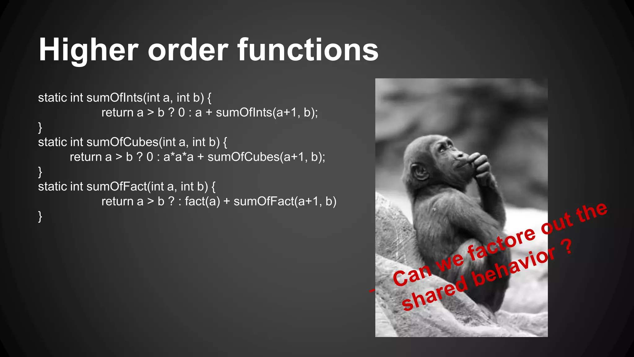 3.3.First class functions Thread t = new Thread( () -> System.out.println("Hello world") ); button.setOnAction( e -> System.out.println("Button Pressed")); Lambda expression (T0 arg0, … , Tn argn) -> Body //T0 … Tn are optional 
