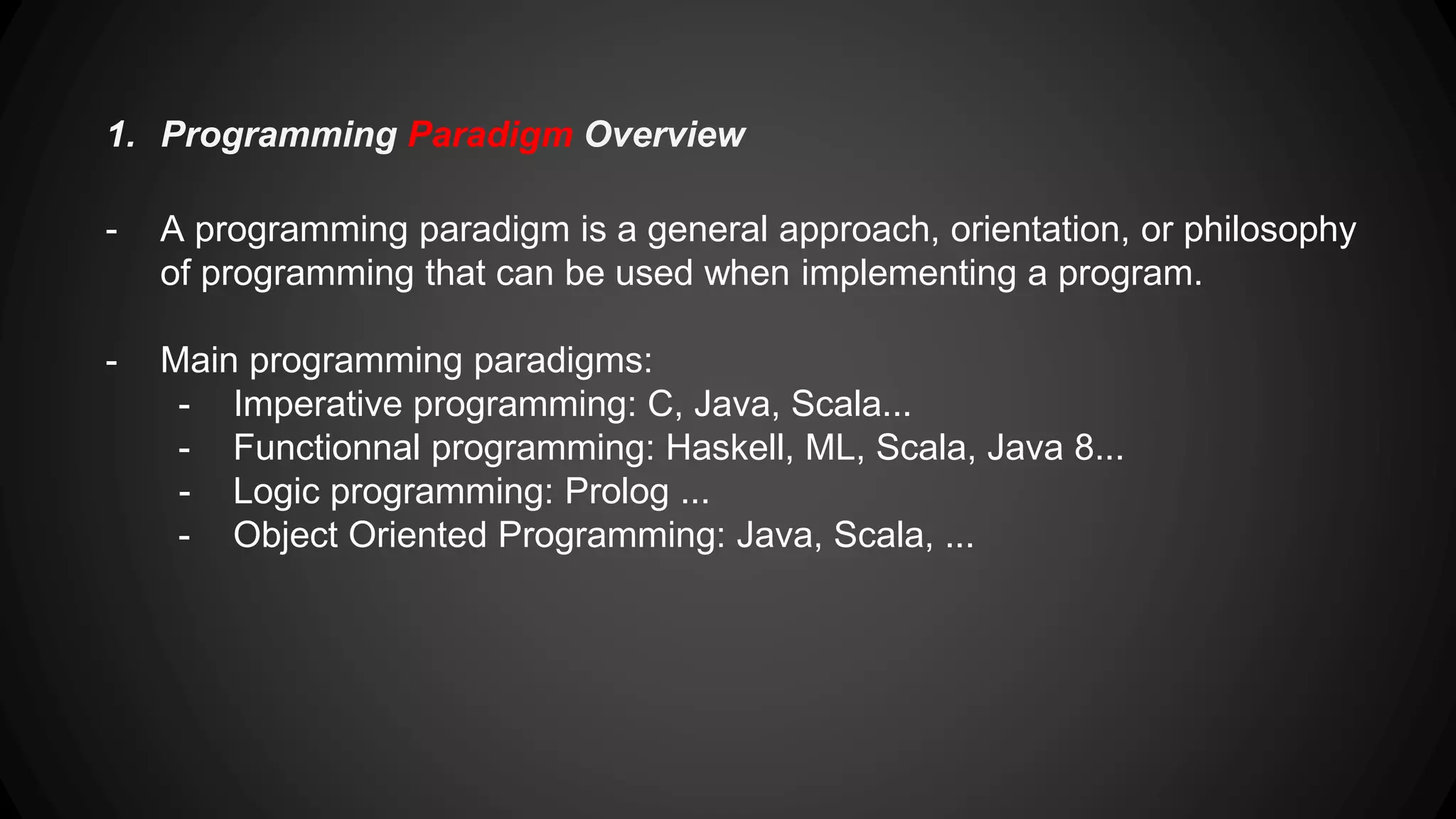 2.Imperative Pardigm Vs Functional Paradigm static List<String> approvisionnement() { List<String> refs = new ArrayList<>(); int index = 0; for(Product p : Store.catalog()) { if(p.getCategory() == Product.Category.MOBILE_PHONE) { refs.add(p.getRef()); index ++; if(index > 10) break; } } Collections.sort(refs); return refs; } 