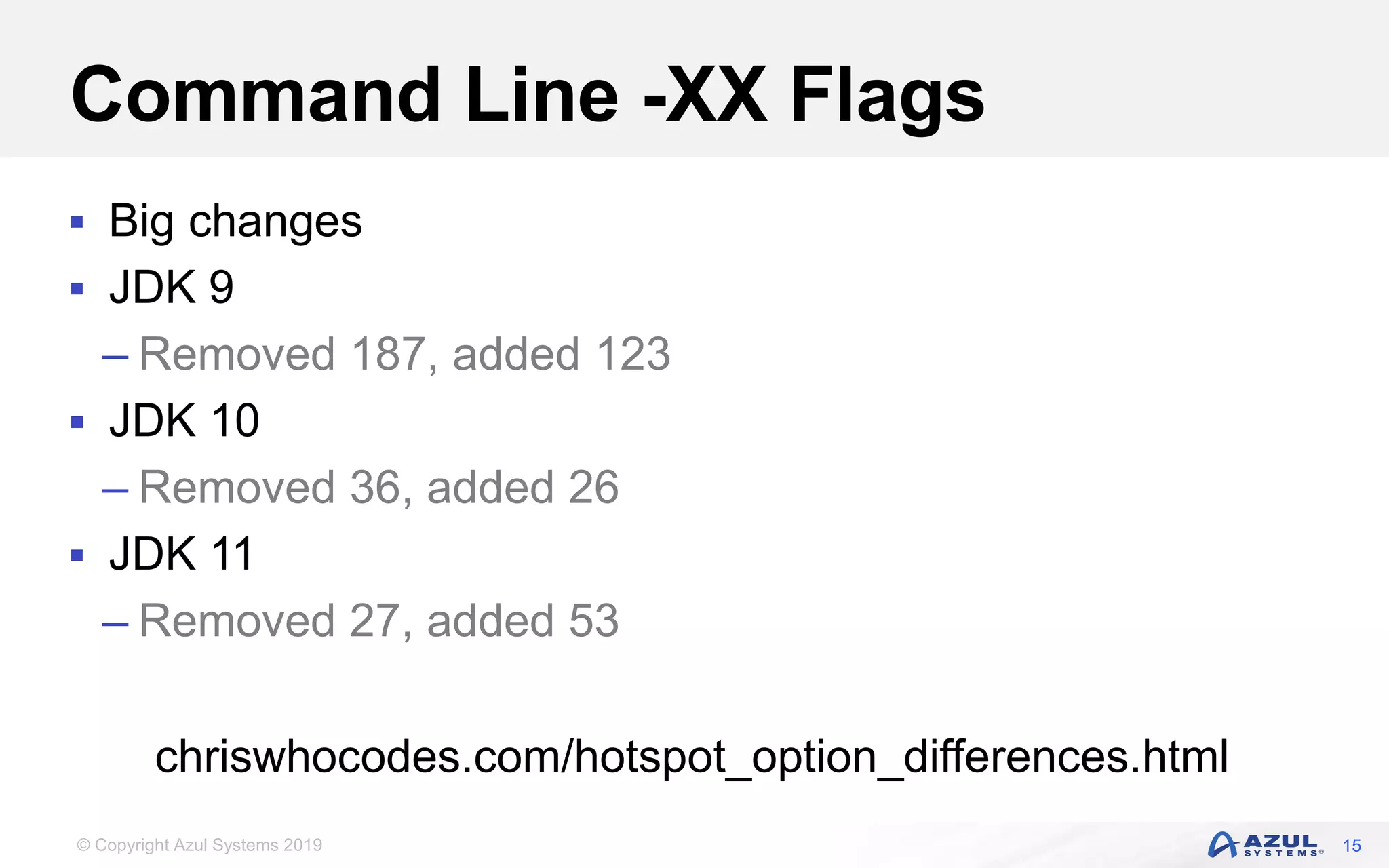 © Copyright Azul Systems 2019
Command Line -XX Flags
 Big changes
 JDK 9
– Removed 187, added 123
 JDK 10
– Removed 36, added 26
 JDK 11
– Removed 27, added 53
15
chriswhocodes.com/hotspot_option_differences.html
 