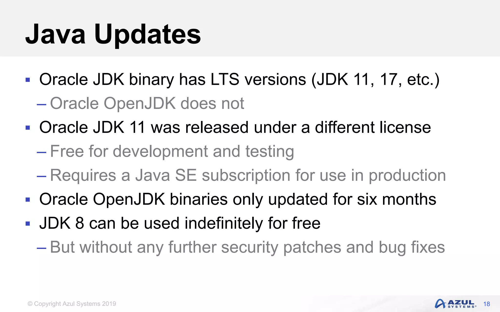 © Copyright Azul Systems 2019
Java Updates
 Oracle JDK binary has LTS versions (JDK 11, 17, etc.)
– Oracle OpenJDK does not
 Oracle JDK 11 was released under a different license
– Free for development and testing
– Requires a Java SE subscription for use in production
 Oracle OpenJDK binaries only updated for six months
 JDK 8 can be used indefinitely for free
– But without any further security patches and bug fixes
18
 