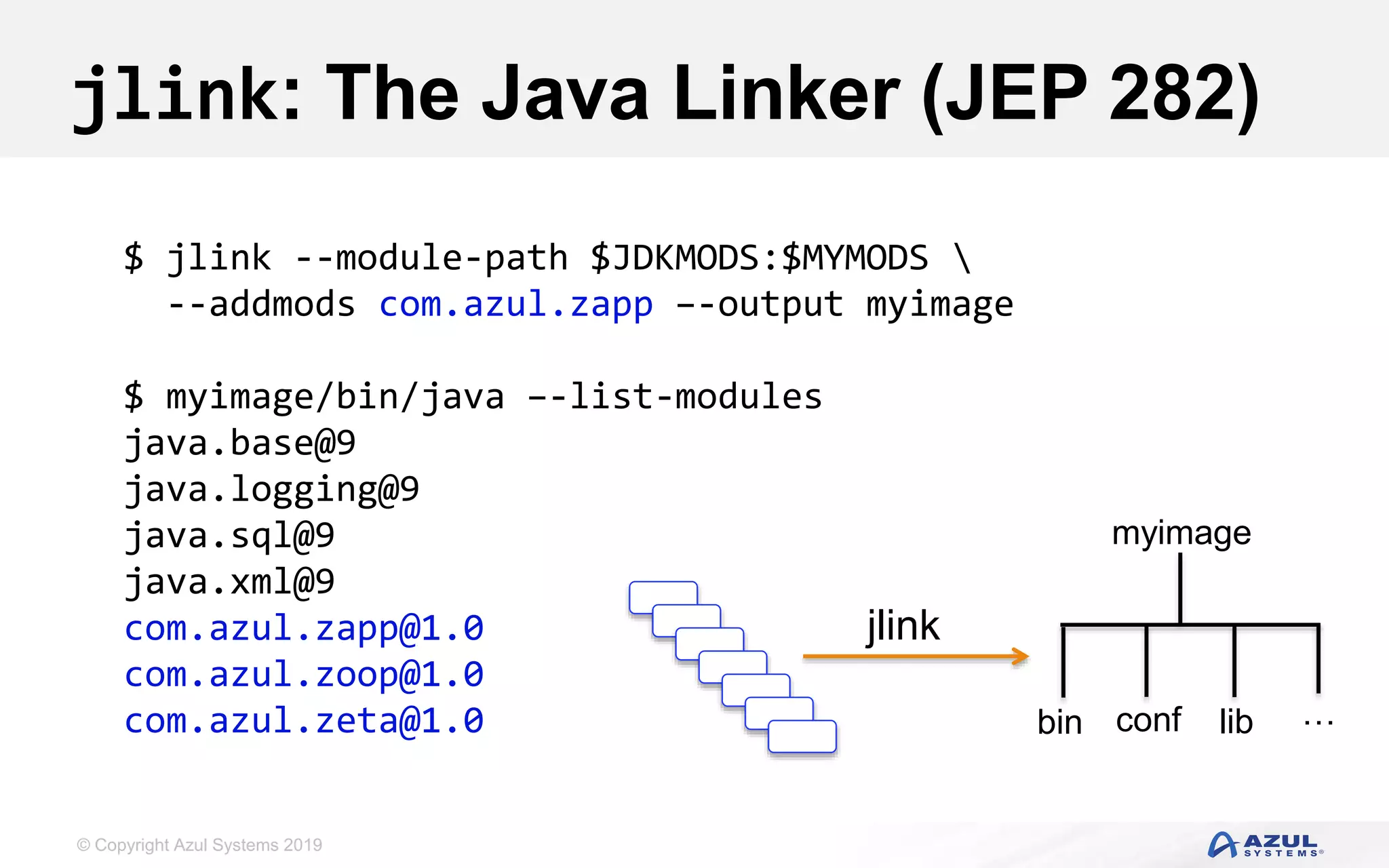 © Copyright Azul Systems 2019
jlink: The Java Linker (JEP 282)
$ jlink --module-path $JDKMODS:$MYMODS 
--addmods com.azul.zapp –-output myimage
$ myimage/bin/java –-list-modules
java.base@9
java.logging@9
java.sql@9
java.xml@9
com.azul.zapp@1.0
com.azul.zoop@1.0
com.azul.zeta@1.0
myimage
…confbin
jlink
lib
 