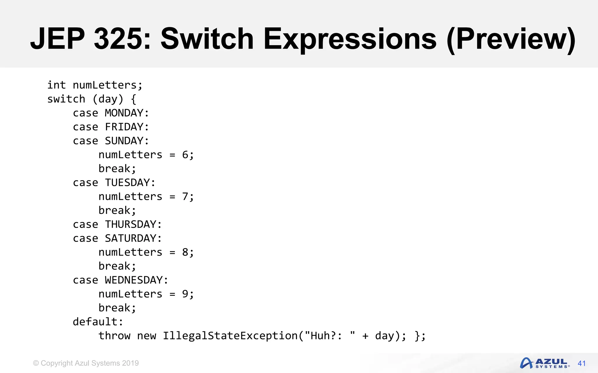© Copyright Azul Systems 2019
JEP 325: Switch Expressions (Preview)
41
int numLetters;
switch (day) {
case MONDAY:
case FRIDAY:
case SUNDAY:
numLetters = 6;
break;
case TUESDAY:
numLetters = 7;
break;
case THURSDAY:
case SATURDAY:
numLetters = 8;
break;
case WEDNESDAY:
numLetters = 9;
break;
default:
throw new IllegalStateException("Huh?: " + day); };
 