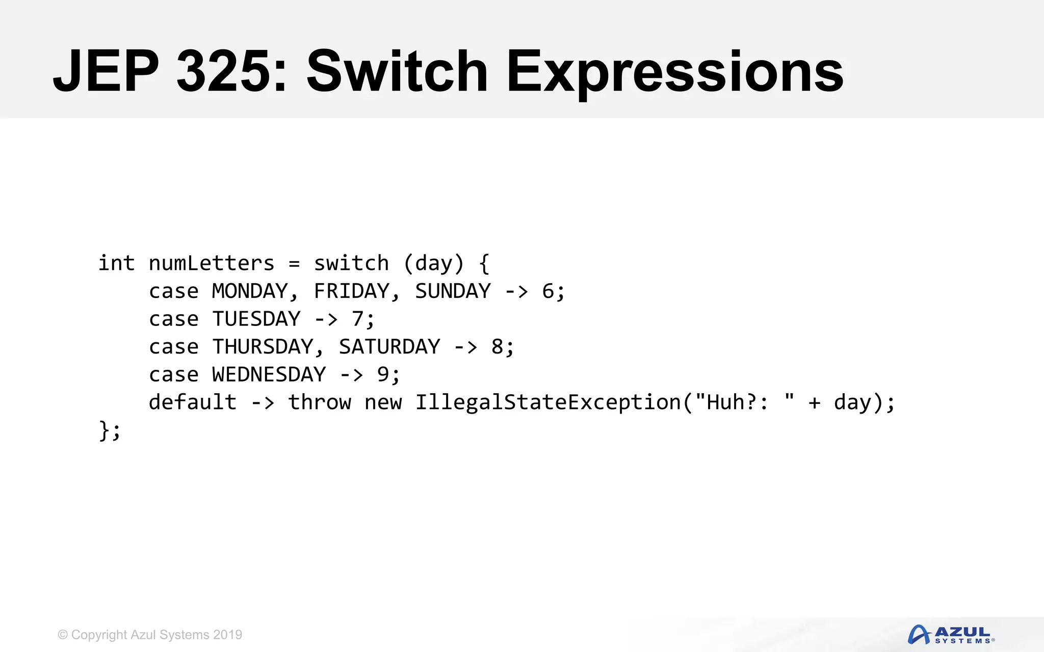 © Copyright Azul Systems 2019
JEP 325: Switch Expressions
int numLetters = switch (day) {
case MONDAY, FRIDAY, SUNDAY -> 6;
case TUESDAY -> 7;
case THURSDAY, SATURDAY -> 8;
case WEDNESDAY -> 9;
default -> throw new IllegalStateException("Huh?: " + day);
};
 