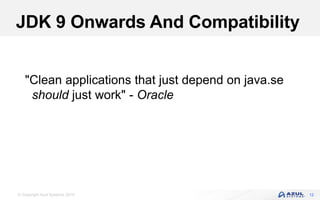 © Copyright Azul Systems 2019
JDK 9 Onwards And Compatibility
12
"Clean applications that just depend on java.se
should just work" - Oracle
 