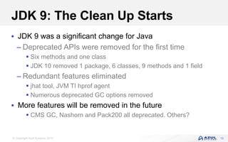 © Copyright Azul Systems 2019
JDK 9: The Clean Up Starts
 JDK 9 was a significant change for Java
– Deprecated APIs were removed for the first time
 Six methods and one class
 JDK 10 removed 1 package, 6 classes, 9 methods and 1 field
– Redundant features eliminated
 jhat tool, JVM TI hprof agent
 Numerous deprecated GC options removed
 More features will be removed in the future
 CMS GC, Nashorn and Pack200 all deprecated. Others?
13
 