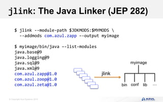 © Copyright Azul Systems 2019
jlink: The Java Linker (JEP 282)
$ jlink --module-path $JDKMODS:$MYMODS 
--addmods com.azul.zapp –-output myimage
$ myimage/bin/java –-list-modules
java.base@9
java.logging@9
java.sql@9
java.xml@9
com.azul.zapp@1.0
com.azul.zoop@1.0
com.azul.zeta@1.0
myimage
…confbin
jlink
lib
 
