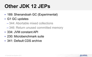 © Copyright Azul Systems 2019
Other JDK 12 JEPs
 189: Shenandoah GC (Experimental)
 G1 GC updates
– 344: Abortable mixed collections
– 346: Return unused committed memory
 334: JVM constant API
 230: Microbenchmark suite
 341: Default CDS archive
 
