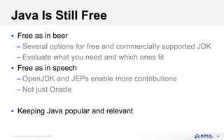 © Copyright Azul Systems 2019
Java Is Still Free
 Free as in beer
– Several options for free and commercially supported JDK
– Evaluate what you need and which ones fit
 Free as in speech
– OpenJDK and JEPs enable more contributions
– Not just Oracle
 Keeping Java popular and relevant
48
 