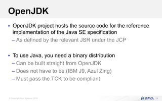 © Copyright Azul Systems 2019
OpenJDK
 OpenJDK project hosts the source code for the reference
implementation of the Java SE specification
– As defined by the relevant JSR under the JCP
 To use Java, you need a binary distribution
– Can be built straight from OpenJDK
– Does not have to be (IBM J9, Azul Zing)
– Must pass the TCK to be compliant
5
 