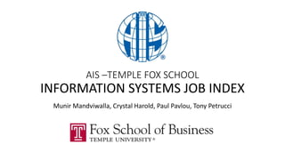 AIS –TEMPLE FOX SCHOOL
INFORMATION SYSTEMS JOB INDEX
Munir Mandviwalla, Crystal Harold, Paul Pavlou, Tony Petrucci
 