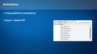 Animations
• Cross-platform animations
• Async / Await API
 