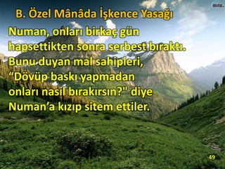Numan, onları birkaç gün
hapsettikten sonra serbest bıraktı.
Bunu duyan mal sahipleri,
“Dövüp baskı yapmadan
onları nasıl bırakırsın?" diye
Numan’a kızıp sitem ettiler.
49
B. Özel Mânâda İşkence Yasağı
 