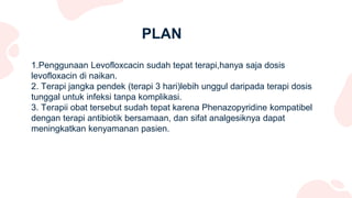 PLAN
1.Penggunaan Levofloxcacin sudah tepat terapi,hanya saja dosis
levofloxacin di naikan.
2. Terapi jangka pendek (terapi 3 hari)lebih unggul daripada terapi dosis
tunggal untuk infeksi tanpa komplikasi.
3. Terapii obat tersebut sudah tepat karena Phenazopyridine kompatibel
dengan terapi antibiotik bersamaan, dan sifat analgesiknya dapat
meningkatkan kenyamanan pasien.
 