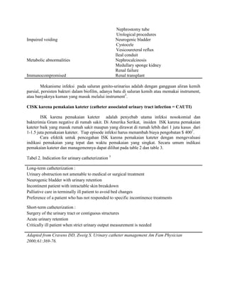 Nephrostomy tube
                                                     Urological procedures
Impaired voiding                                    Neurogenic bladder
                                                    Cystocele
                                                    Vesicoureteral reflux
                                                    Ileal conduit
Metabolic abnormalities                             Nephrocalcinosis
                                                    Medullary sponge kidney
                                                    Renal failure
Immunocompromised                                   Renal transplant

        Mekanisme infeksi pada saluran genito-urinarius adalah dengan gangguan aliran kemih
parsial, persisten bakteri dalam biofilm, adanya batu di saluran kemih atau memakai instrument,
atau banyaknya kuman yang masuk melalui instrument3.

CISK karena pemakaian kateter (catheter associated urinary tract infection = CAUTI)

        ISK karena pemakaian kateter adalah penyebab utama infeksi nosokomial dan
bakterimia Gram negative di rumah sakit. Di Amerika Serikat, insiden ISK karena pemakaian
kateter baik yang masuk rumah sakit maupun yang dirawat di rumah lebih dari 1 juta kasus dari
1-1.5 juta pemakaian kateter. Tiap episode infeksi harus menambah biaya pengobatan $ 4007.
        Cara efektik untuk pencegahan ISK karena pemakaian kateter dengan mengevaluasi
indikasi pemakaian yang tepat dan waktu pemakaian yang singkat. Secara umum indikasi
pemakaian kateter dan managemennya dapat dilihat pada table 2 dan table 3.

Tabel 2. Indication for urinary catheterization 3

Long-term catheterization :
Urinary obstruction not amenable to medical or surgical treatment
Neurogenic bladder with urinary retention
Incontinent patient with intractable skin breakdown
Palliative care in terminally ill patient to avoid bed changes
Preference of a patient who has not responded to specific incontinence treatments

Short-term catheterization :
Surgery of the urinary tract or contiguous structures
Acute urinary retention
Critically ill patient when strict urinary output measurement is needed

Adapted from Cravens DD, Zweig S. Urinary catheter management Am Fam Physician
2000;61:369-76.
 