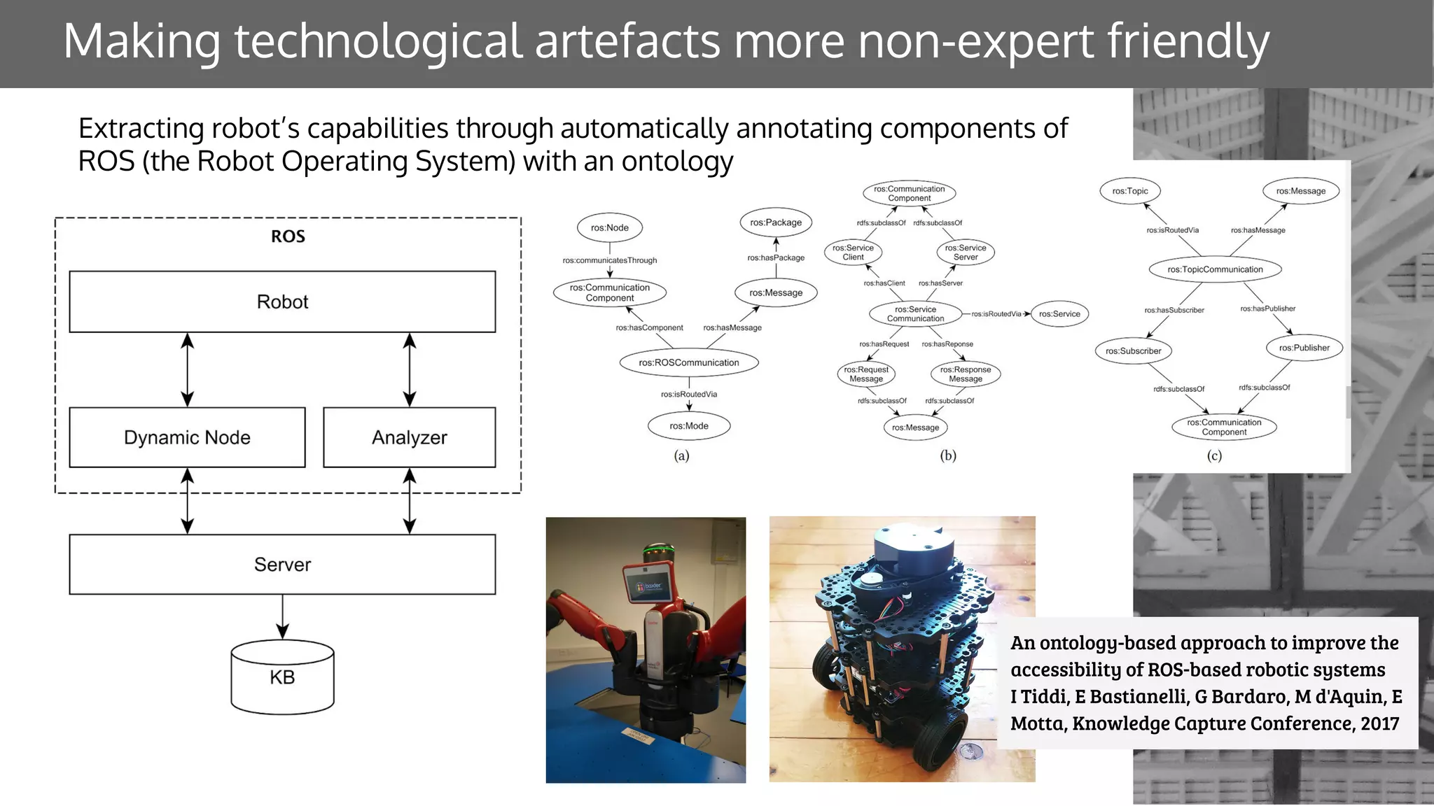 Making technological artefacts more non-expert friendly
An ontology-based approach to improve the
accessibility of ROS-based robotic systems
I Tiddi, E Bastianelli, G Bardaro, M d'Aquin, E
Motta, Knowledge Capture Conference, 2017
Extracting robot’s capabilities through automatically annotating components of
ROS (the Robot Operating System) with an ontology
 