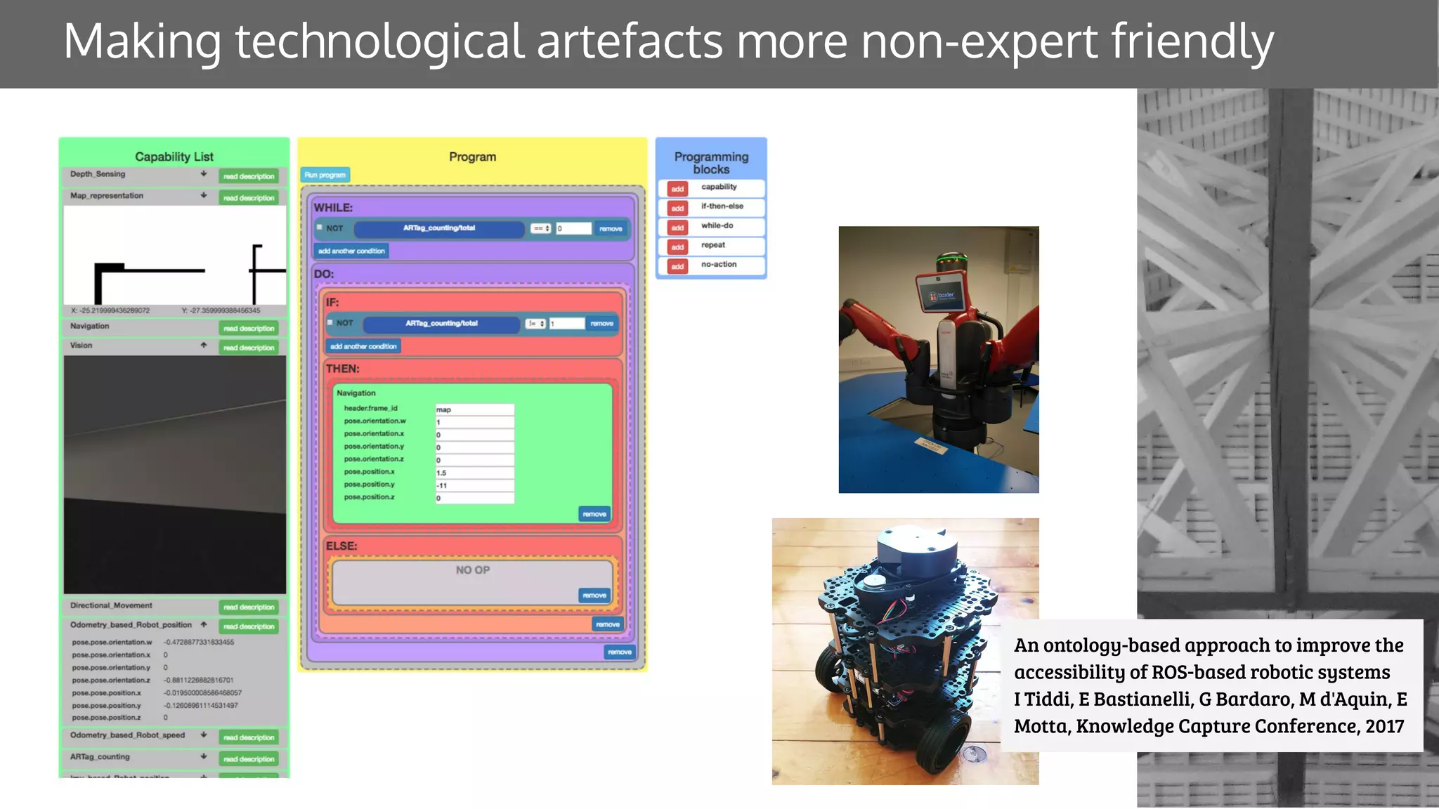 Making technological artefacts more non-expert friendly
An ontology-based approach to improve the
accessibility of ROS-based robotic systems
I Tiddi, E Bastianelli, G Bardaro, M d'Aquin, E
Motta, Knowledge Capture Conference, 2017
 