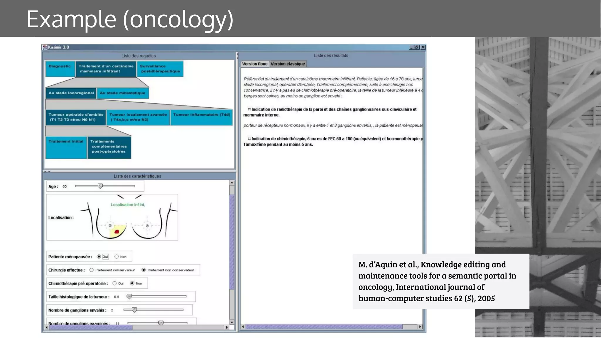 Example (oncology)
M. d’Aquin et al., Knowledge editing and
maintenance tools for a semantic portal in
oncology, International journal of
human-computer studies 62 (5), 2005
 