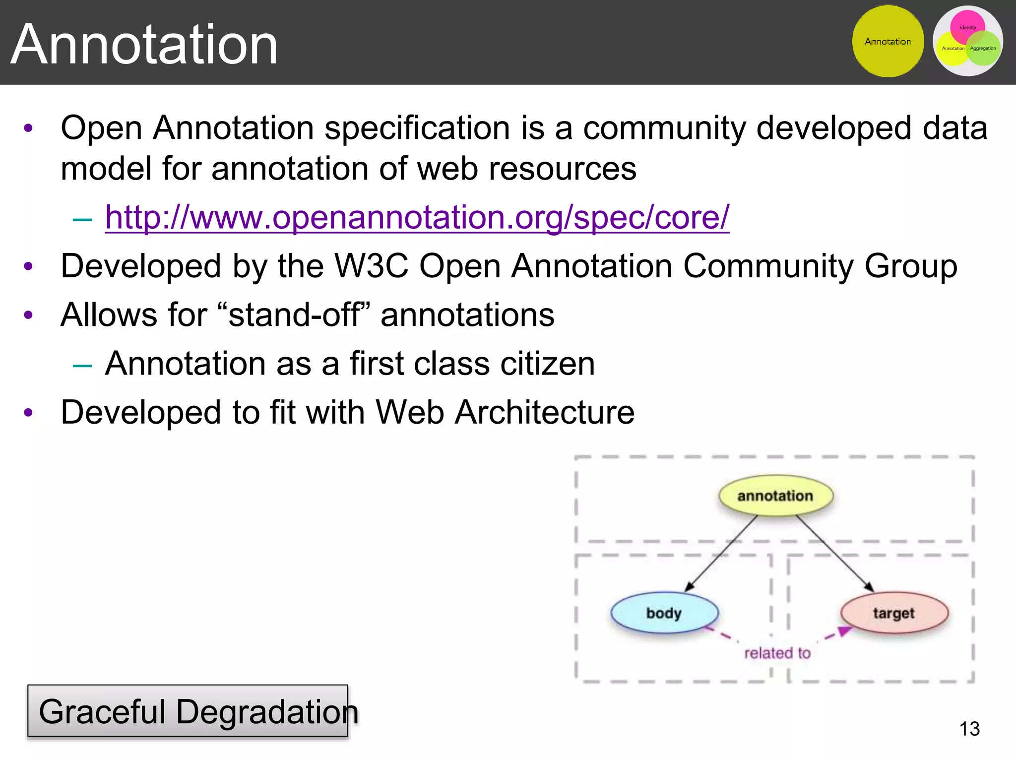 Annotation
• Open Annotation specification is a community developed data
model for annotation of web resources
– http://www.openannotation.org/spec/core/
• Developed by the W3C Open Annotation Community Group
• Allows for “stand-off” annotations
– Annotation as a first class citizen
• Developed to fit with Web Architecture
13
Graceful Degradation
 