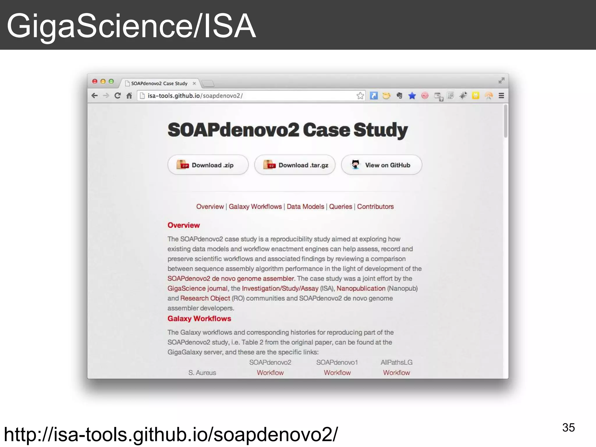 GigaScience/ISA
35
http://isa-tools.github.io/soapdenovo2/
 