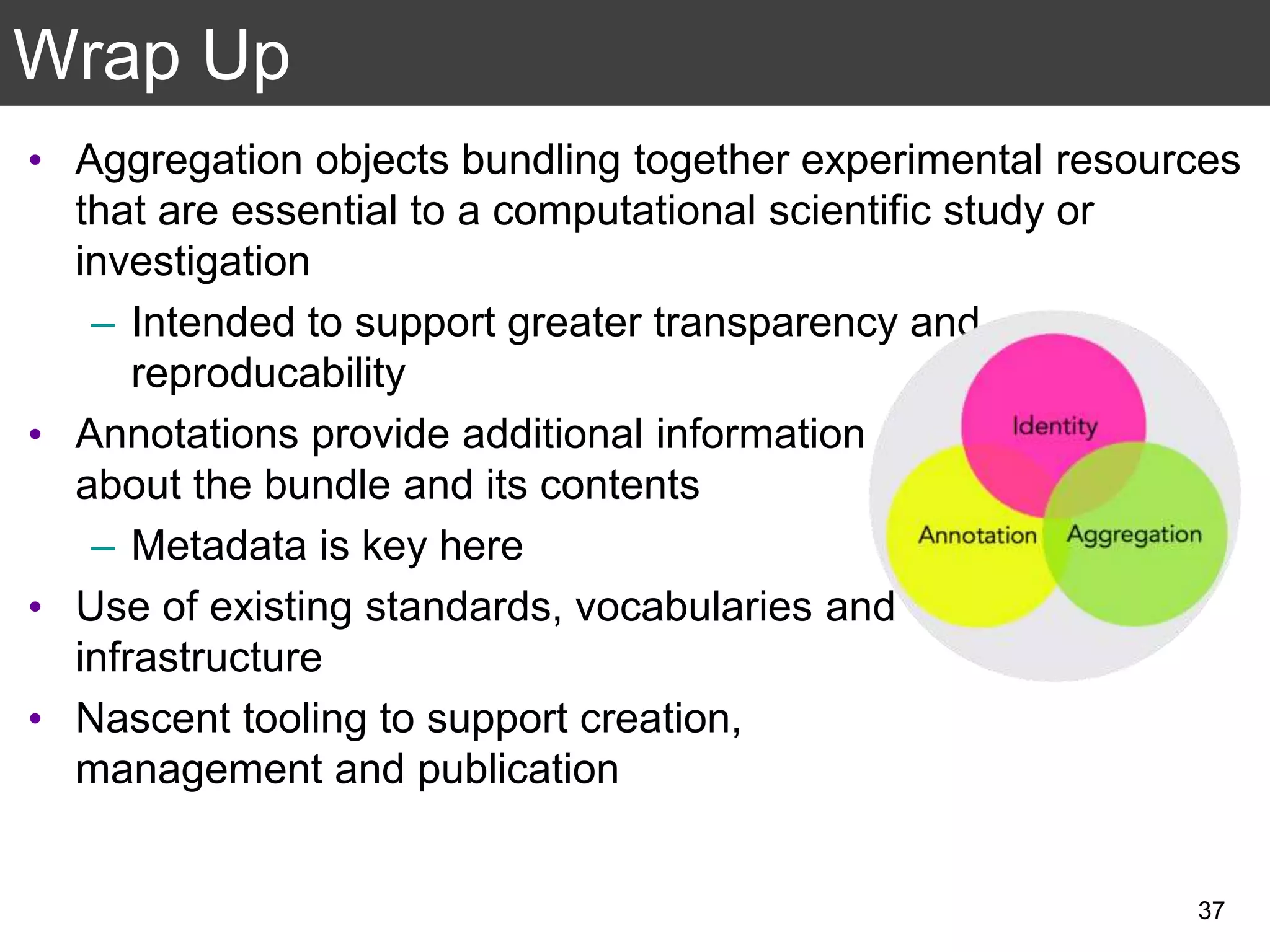 Wrap Up
• Aggregation objects bundling together experimental resources
that are essential to a computational scientific study or
investigation
– Intended to support greater transparency and
reproducability
• Annotations provide additional information
about the bundle and its contents
– Metadata is key here
• Use of existing standards, vocabularies and
infrastructure
• Nascent tooling to support creation,
management and publication
37
 