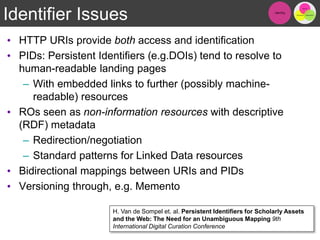 Identifier Issues
• HTTP URIs provide both access and identification
• PIDs: Persistent Identifiers (e.g.DOIs) tend to resolve to
human-readable landing pages
– With embedded links to further (possibly machine-
readable) resources
• ROs seen as non-information resources with descriptive
(RDF) metadata
– Redirection/negotiation
– Standard patterns for Linked Data resources
• Bidirectional mappings between URIs and PIDs
• Versioning through, e.g. Memento
11
H. Van de Sompel et. al. Persistent Identifiers for Scholarly Assets
and the Web: The Need for an Unambiguous Mapping 9th
International Digital Curation Conference
 