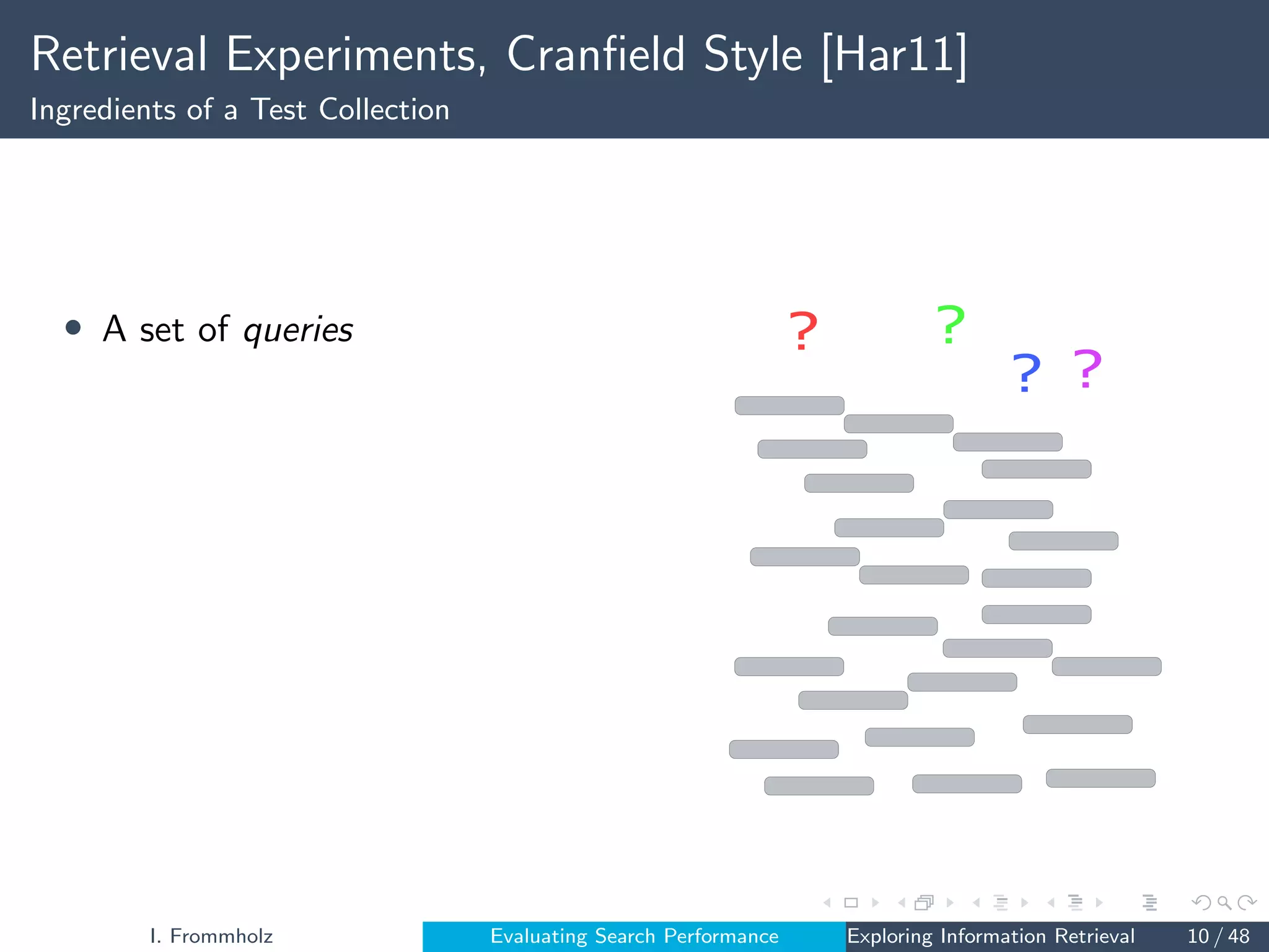 Retrieval Experiments, Cranfield Style [Har11]
Ingredients of a Test Collection
• A set of queries
?
?
?
?
I. Frommholz Evaluating Search Performance Exploring Information Retrieval 10 / 48
 