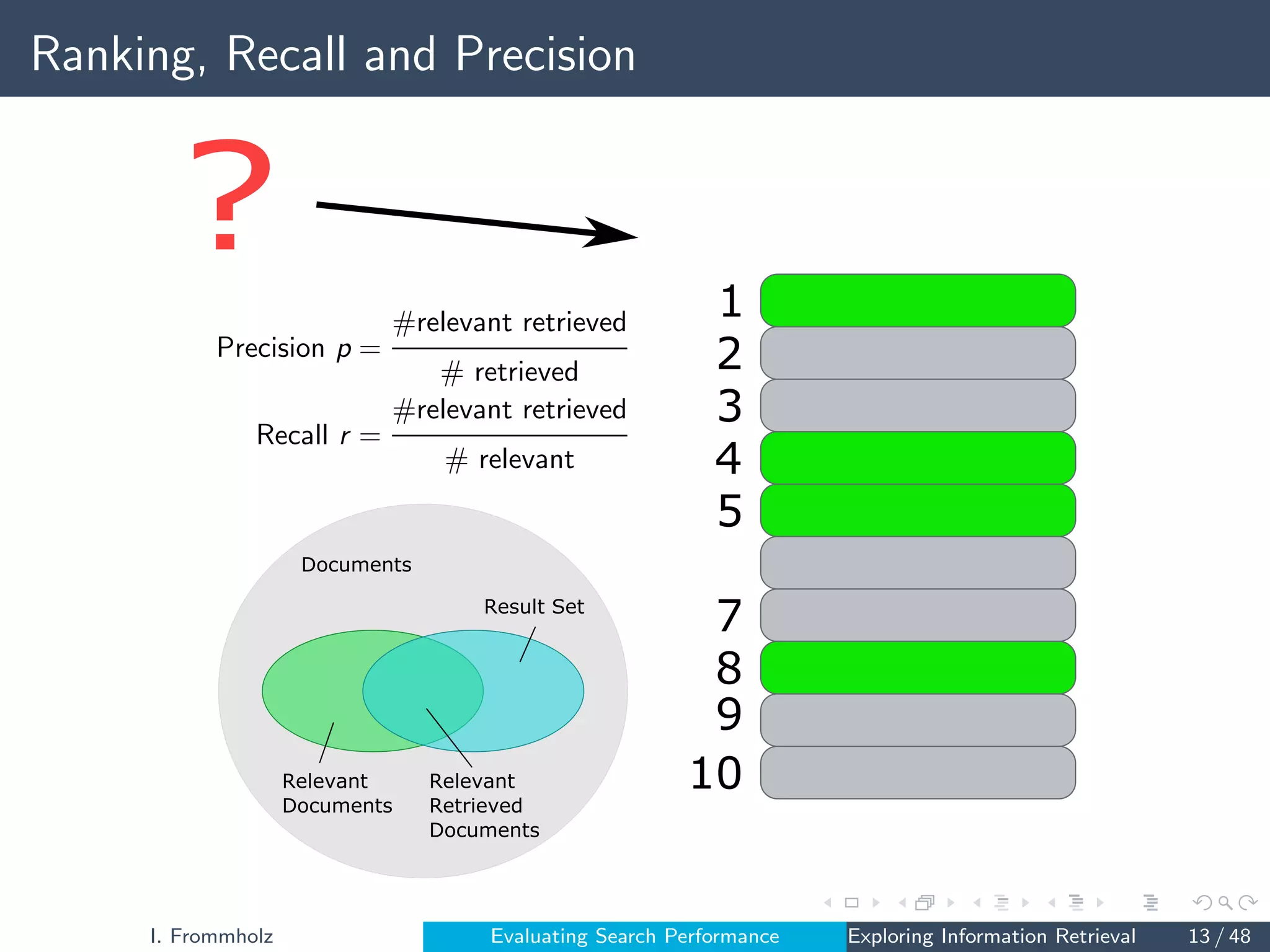 Ranking, Recall and Precision
? 1
2
3
4
5
7
8
9
10
Documents
Relevant
Documents
Result Set
Relevant
Retrieved
Documents
I. Frommholz Evaluating Search Performance Exploring Information Retrieval 13 / 48
 